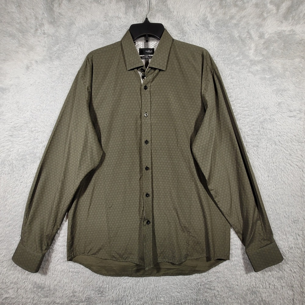 Eight X Premium Button Up Mens XL Olive Green Geometric Print Classic Fit Buckle